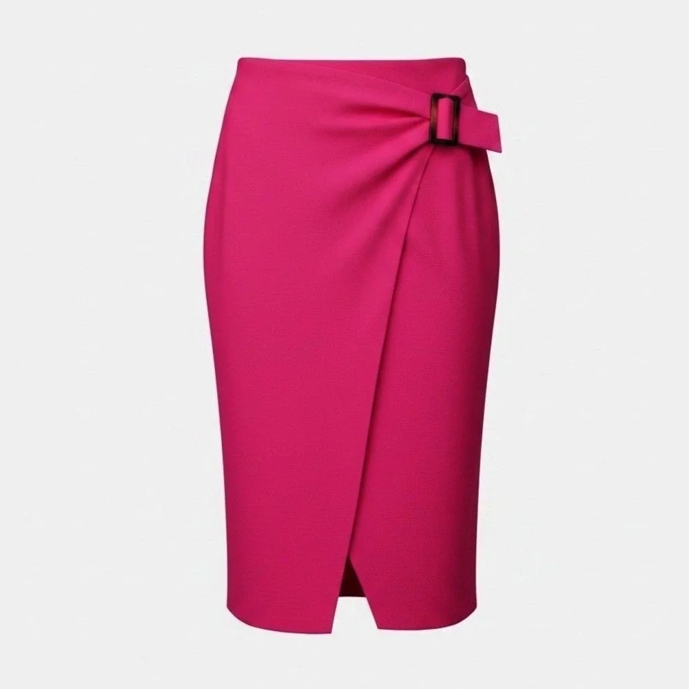 JOA Faux Wrap Pencil Skirt Womens Medium Pink Buckle Front Slit Zipper Back NEW‎